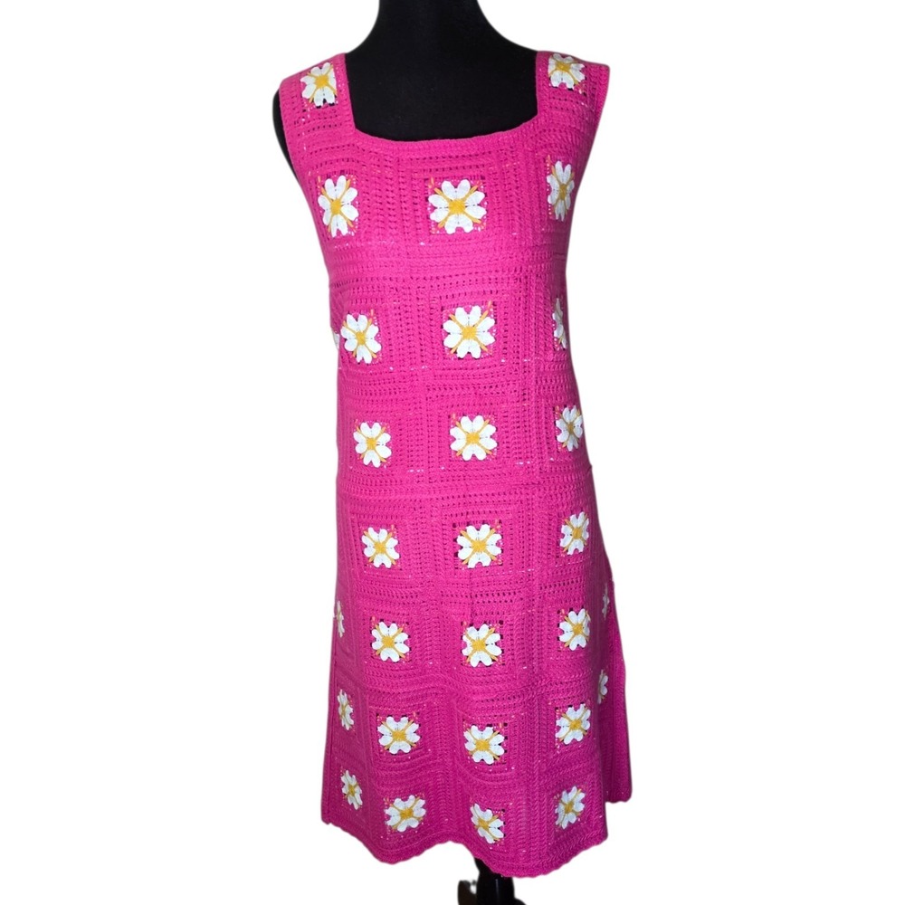 Y2K Crochet Daisy Knit Dress Pink Boho Granny Square Festival Womens L
